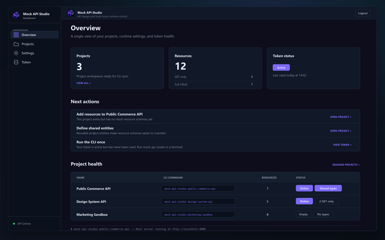 Mock API Studio dashboard for configuring TypeScript models and local mock API resources